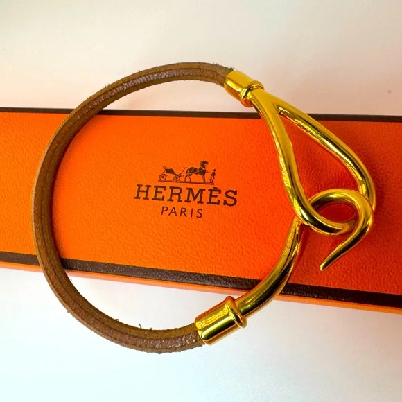Hermès Suede Hook Bracelet Authentic Gold Plated Hermes Equestrian 1995 Vintage - Picture 12 of 12